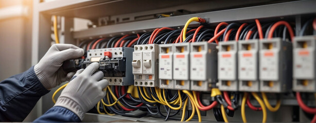 A technician carefully examines voltage levels at the circuit breaker terminal and checks the cable wiring in the main power distribution board - obrazy, fototapety, plakaty