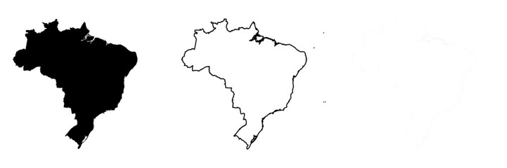 Fototapeta premium Brazil country silhouette. Set of 3 high detailed maps. Solid black silhouette, thick black outline and thin black outline. Vector illustration isolated on white background.