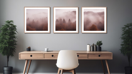 Elegant Workspace with Trio of Foggy Forest Photography Frames and Sleek Desk