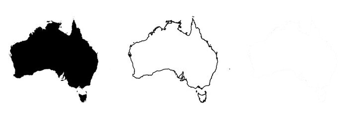 Australia country silhouette. Set of 3 high detailed maps. Solid black silhouette, thick black outline and thin black outline. Vector illustration isolated on white background. © pyty