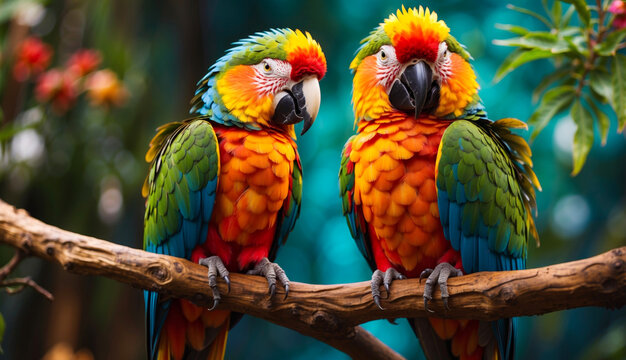 Two beautiful parrots on a branch
