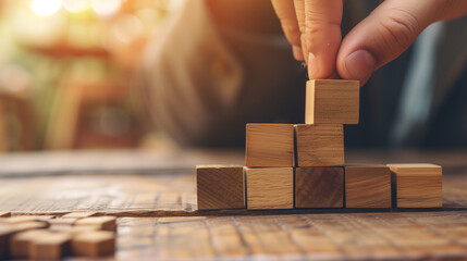 Business growth success achievement concept, hand arranging wooden block stacking as step stair or ladder for planning development leadership and customer target group concept