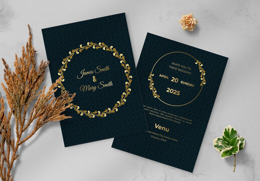 Wedding Invitation Layout With Gold Foliage Elements