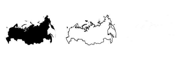 Russia country silhouette. Set of 3 high detailed maps. Solid black silhouette, thick black outline and thin black outline. Vector illustration isolated on white background.