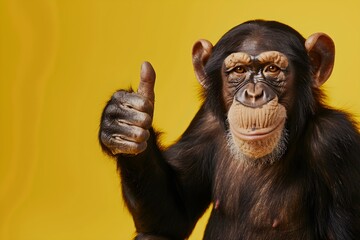 Happy monkey gives thumbs up in approval on yellow background Banner space. Concept Animal Photography, Monkey Pose, Thumbs Up Gesture, Yellow Background, Banner Design - obrazy, fototapety, plakaty