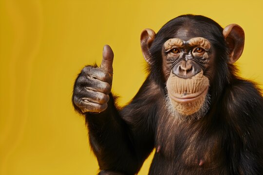 Happy monkey gives thumbs up in approval on yellow background Banner space. Concept Animal Photography, Monkey Pose, Thumbs Up Gesture, Yellow Background, Banner Design