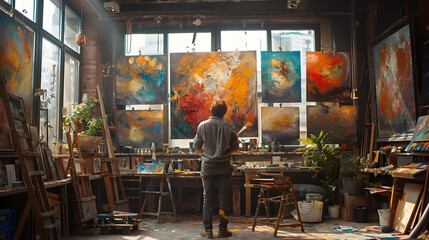 A creative artist painting in a vibrant studio with colorful artwork