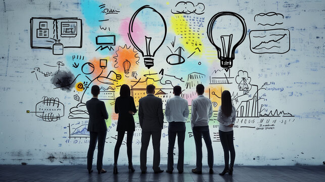 creative business meeting brainstorm ideas sharing team of marketing business staff standing discuss find a solution of problem for new project startup business ideas concept