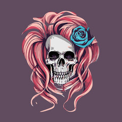 vector artwork A skull vector , cranium skull , human skull vector,free vector with pink hair and a blue flower in hair 