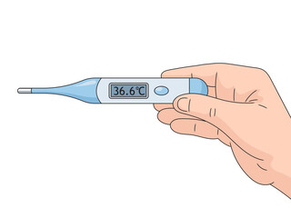 Medical electronic thermometer hand-drawn schematic raster illustration. Medical science educational illustration