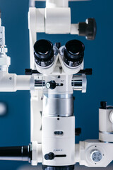 Interior of a modern ophthalmology operating room with modern equipment. The concept of new ophthalmological and modern technologies for vision correction and treatment.