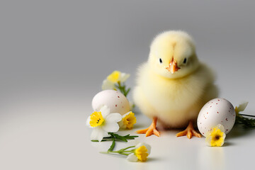 Cute newborn yellow chick on the table. Nearby is an Easter egg and flowers. Concept - holiday, birthday. Illustration with place for text for design, cards and invitations.