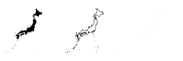 Japan country silhouette. Set of 3 high detailed maps. Solid black silhouette, thick black outline and thin black outline. Vector illustration isolated on white background.