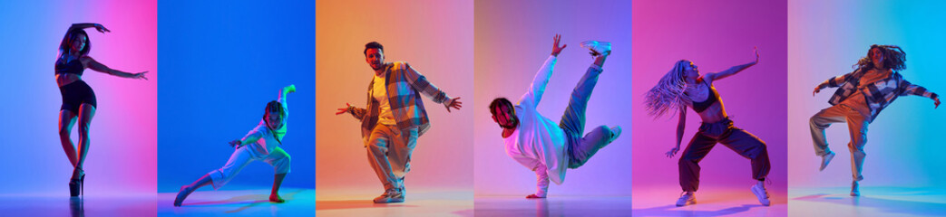 Collage made of photos of dancers dancing in different styles in motion in neon light against multicolored studio background. Concept of youth culture, movement, music, fashion and action.