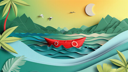 Paper art of red boat and the sea