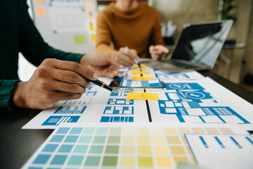 UX graphic designer planning application process development prototype wireframe for web smart phone.