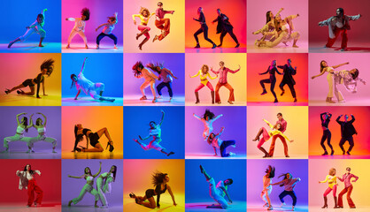 Fototapeta na wymiar Set made of dynamic portraits of artistic people dancing in different styles in motion in neon light against multicolored background. Concept of youth culture, movement, music, fashion and action.