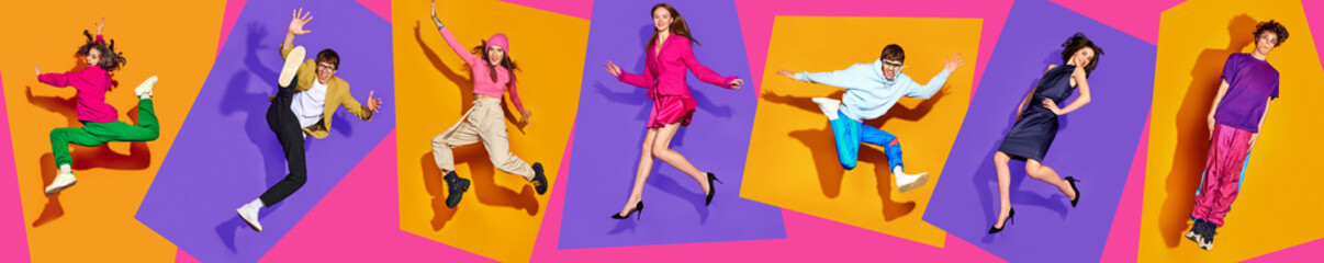 Fototapeta na wymiar Banner. Collage made of portraits of artistic people in mid air in stylish clothes performing dancing moves against vivid colorful background. Youth culture, movement, music, fashion, action concept .