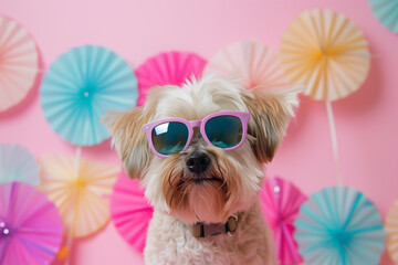 Close-Up Cute Dog Celebrating with Sunglasses. Dog with sunglasses on vibrant party background for festive designs.