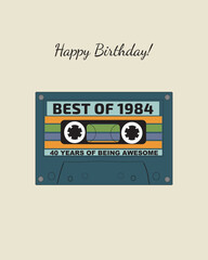 Birthday card with Retro Cassette, multicolor,  and handwritten phrase. Birthday party, celebration, holiday, event, festive, congratulations concept. Vector illustration. Postcard, card, cover.