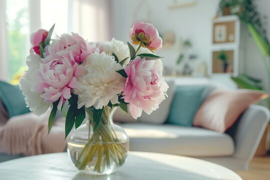 Fresh bouquet of peony flowers in vase on table in living room