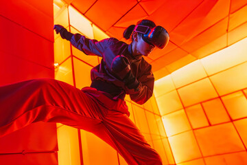 A determined woman breaks through the constraints of reality as she dances and fights against an invisible wall, clad in futuristic clothing and guided by her virtual reality goggles