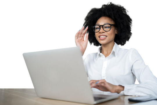 The text is written by a positive and professional woman who uses a laptop at her workstation in the office.
