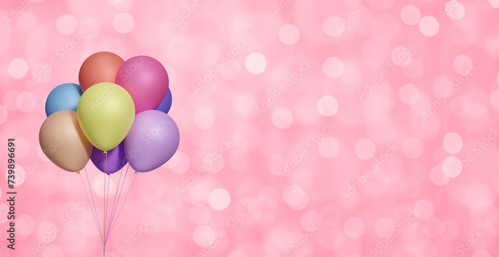 Poster Bunch of colorful balloons on blurred pink background. Empty space for text. 3d rendering