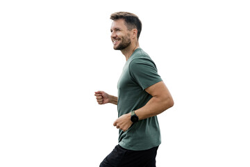 A runner, a man in a t-shirt, running, and a positive attitude.
