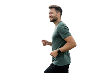 A runner, a man in a t-shirt, running, and a positive attitude.
