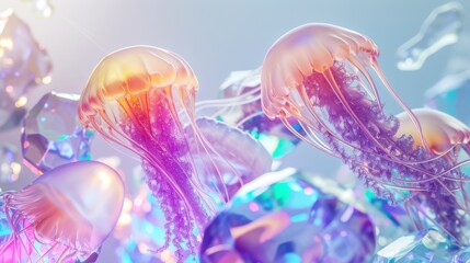 Jellyfish and crystals on a gray background - obrazy, fototapety, plakaty
