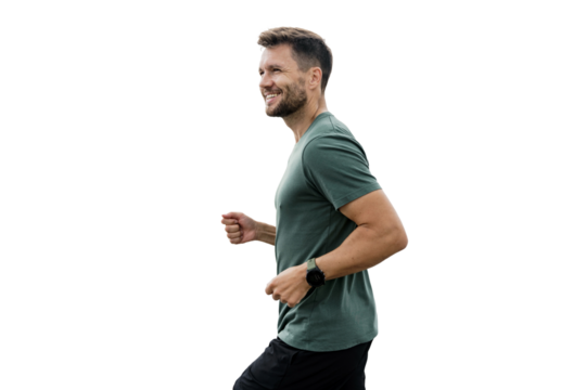 A runner, a man in a t-shirt, running, and a positive attitude.
