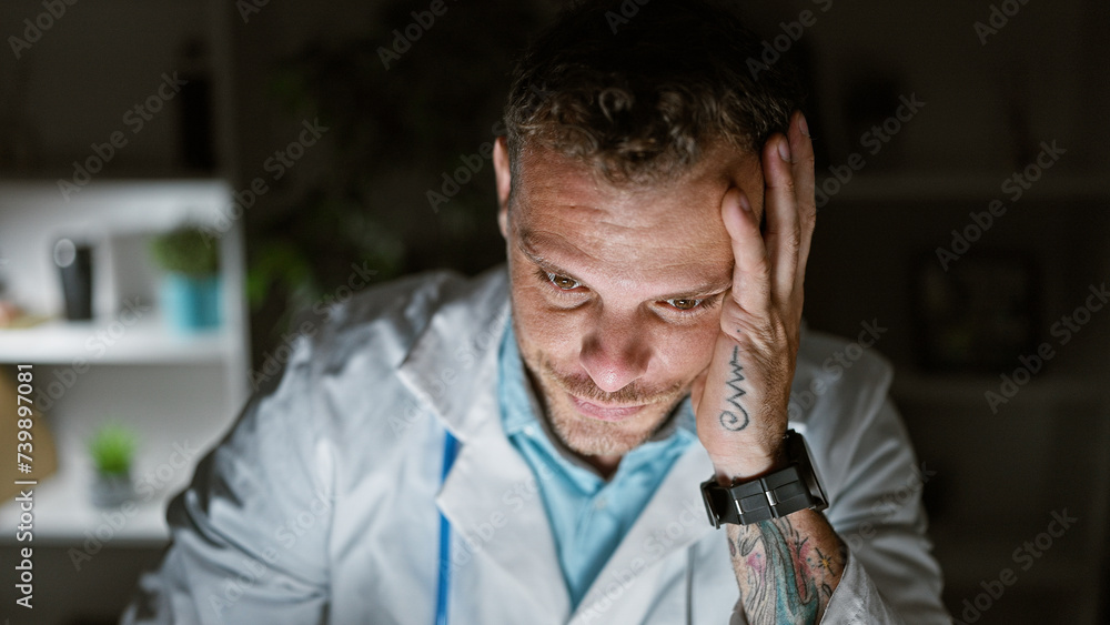 Sticker Thoughtful bearded man with tattoos in lab coat indoors at night reflecting on his work at a clinic