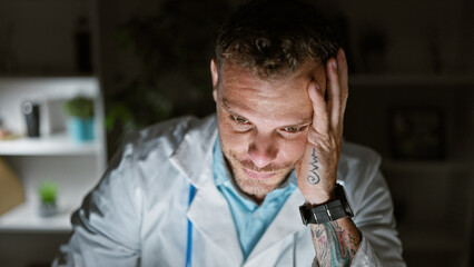 Thoughtful bearded man with tattoos in lab coat indoors at night reflecting on his work at a clinic