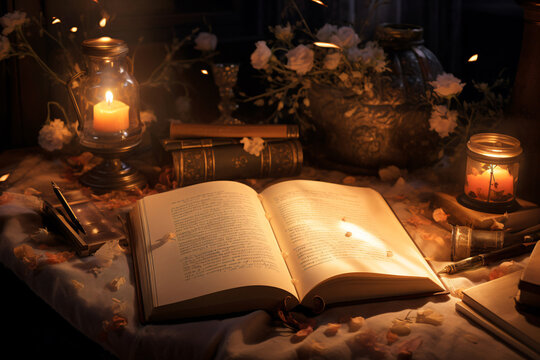 An open book sits on a table next to a candle. The book represents knowledge and wisdom, while the candle represents light and illumination. 
