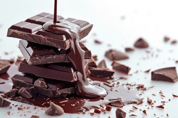 Pieces of black chocolate pouring liquid chocolate on white background - obrazy, fototapety, plakaty