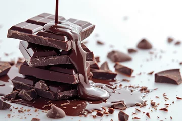 Foto op Plexiglas Pieces of black chocolate pouring liquid chocolate on white background © Alina