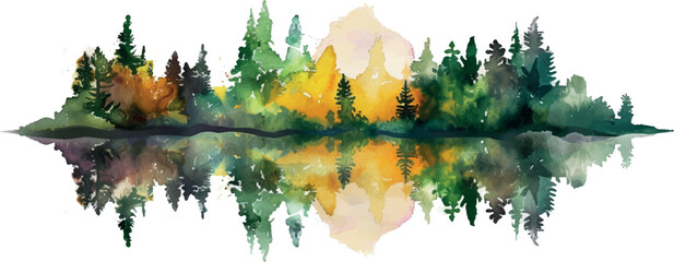watercolor background landscape water forest - obrazy, fototapety, plakaty