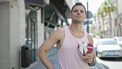 A young bearded man in a tank top holds a heart-shaped gift box on an urban street, looking hopeful.