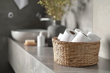 Toilet paper rolls in basket in bathroom - obrazy, fototapety, plakaty