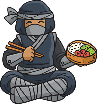 Ninja Eating Bento Cartoon Colored Clipart