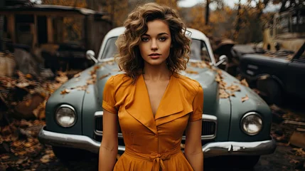 Fotobehang Beautiful blonde woman with short messy hairstyle in orange dress sitting and leaning in front of abandoned rusty vintage car covered in autumn leaves created with Generative AI Technology © AstraNova