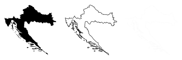 Croatia country silhouette. Set of 3 high detailed maps. Solid black silhouette, thick black outline and thin black outline. Vector illustration isolated on white background.