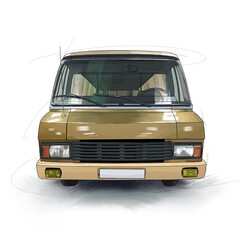 Hand drawn illustration,beige retro bus, old car, retro garage, antique car, Soviet auto industry. High quality illustration