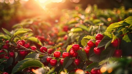 Obraz premium Sunlit scene overlooking the cherry plantation with many cherries, bright rich color, professional nature photo