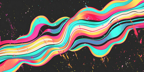 Obraz premium Vibrant VHS style orange pink teal white psychedelic grainy gradient color flow wave on black background 