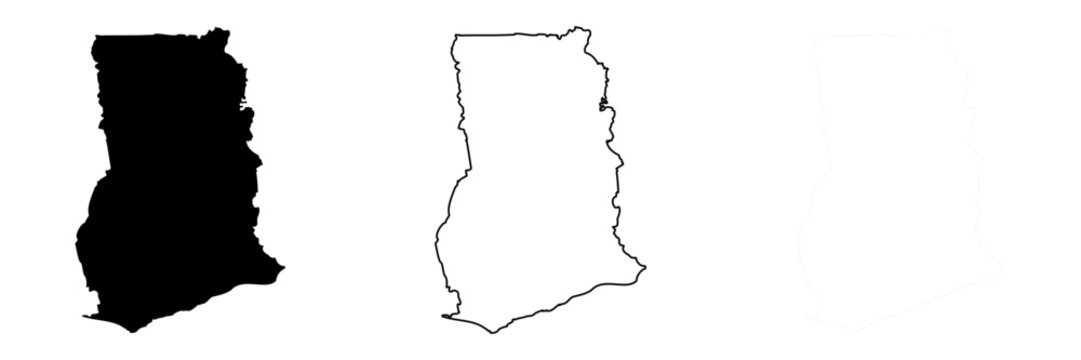 Ghana country silhouette. Set of 3 high detailed maps. Solid black silhouette, thick black outline and thin black outline. Vector illustration isolated on white background.