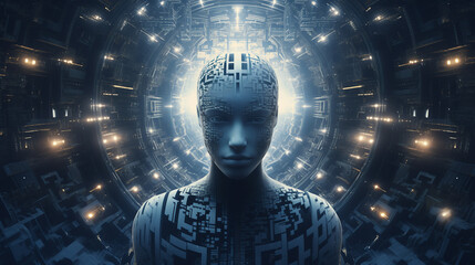 AI contemplating and thinking, technological background, friendly