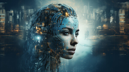 AI contemplating and thinking, technological background, friendly