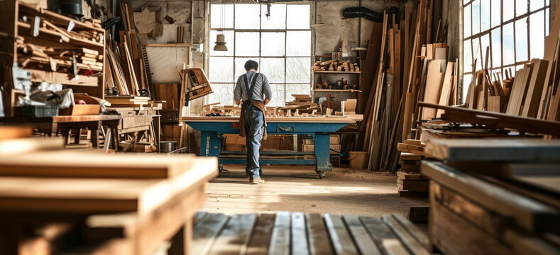 fine woodworking man in his room. Hand edited, generative AI.
